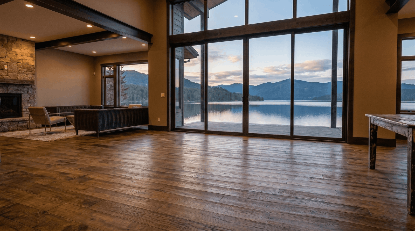 water damage restoration Sagle Idaho lake home restored hardwood floors